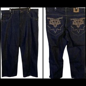 Corked Y2K Retro Blue Baggy Jeans with Embroidered Back Pockets HipHop 42/32
